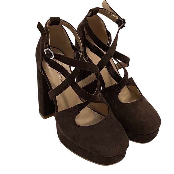 Shoes - Women's Faux Velvet Suede Chocolate Brown Mary Jane Platform Heels Size 6